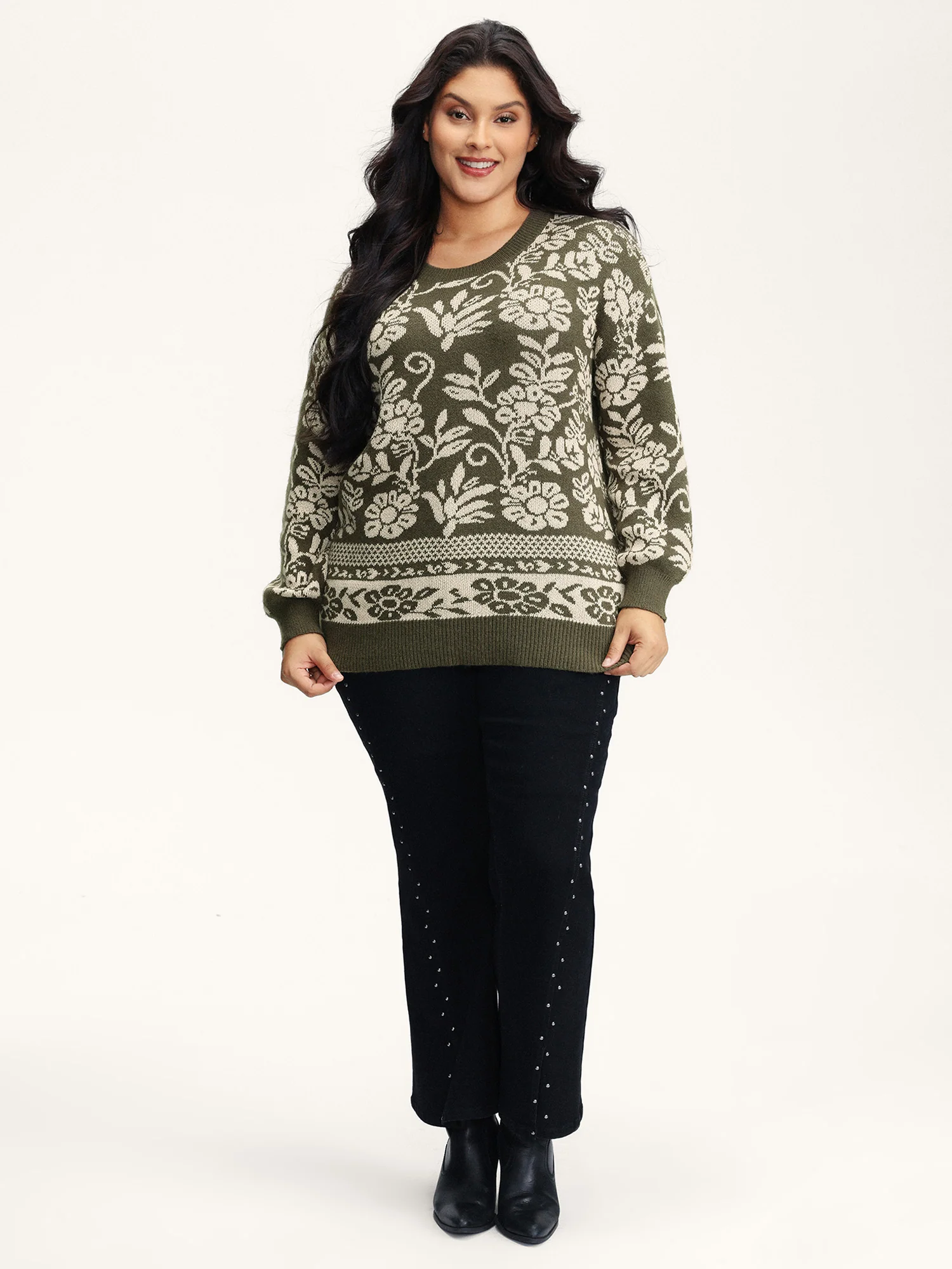 Retro Floral Jacquard Lantern Sleeve Cardigan - Image 3