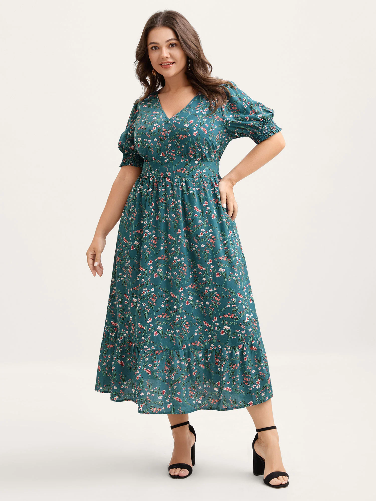 Retro Floral Print Button Detail Midi Dress - Image 2