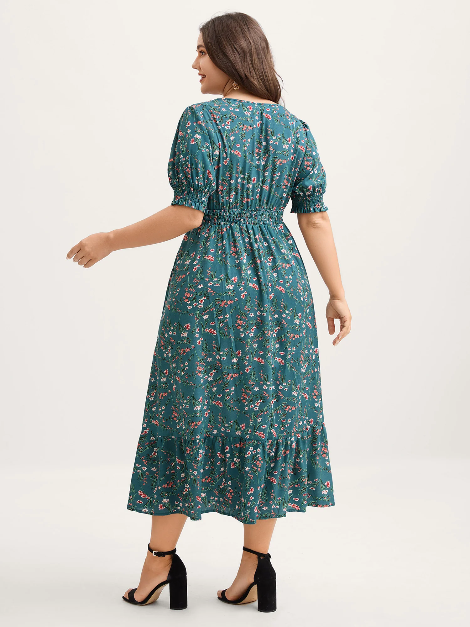 Retro Floral Print Button Detail Midi Dress - Image 4