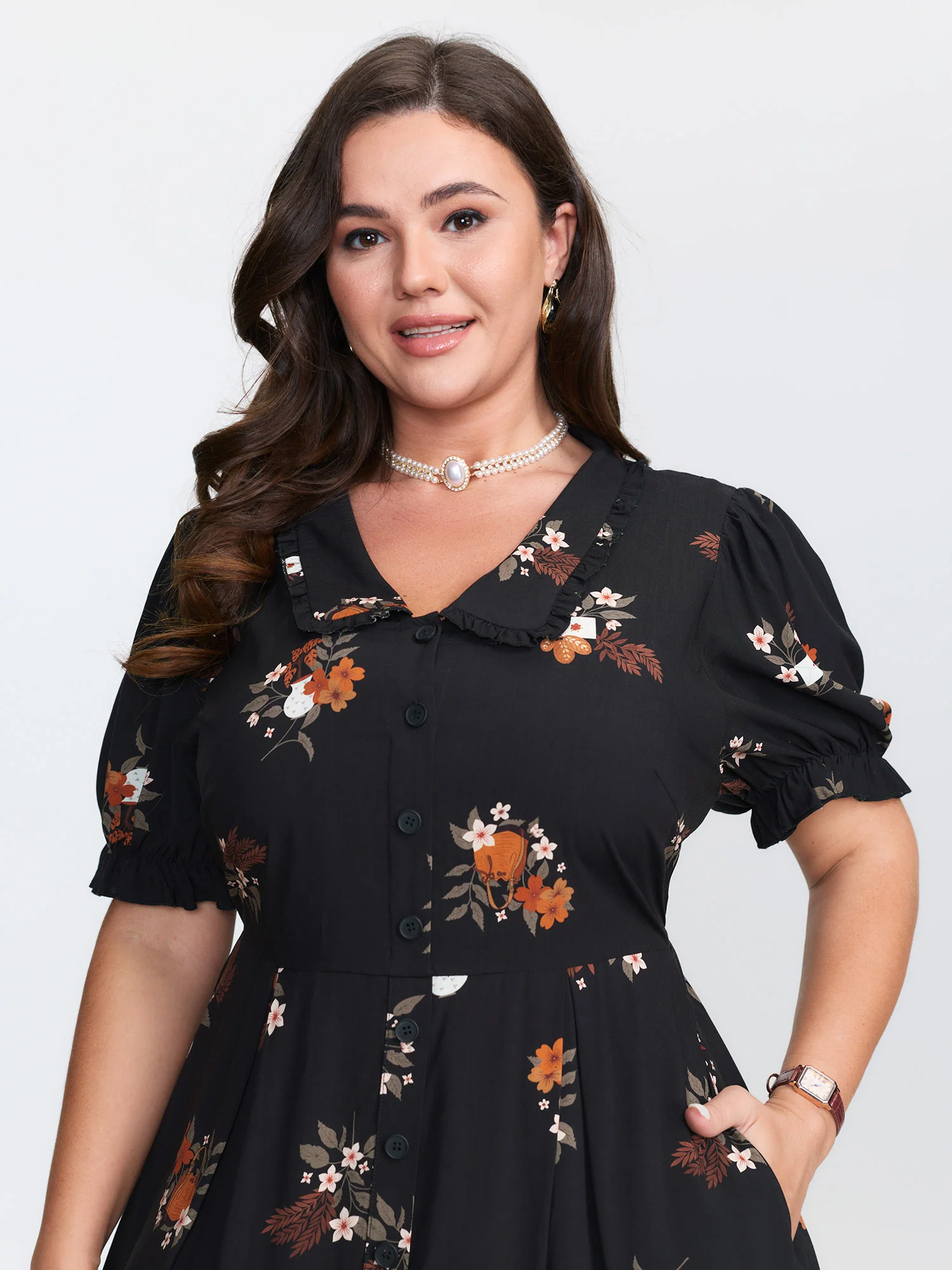 Retro Floral Print Cinched-Waist Midi Dress - Image 2