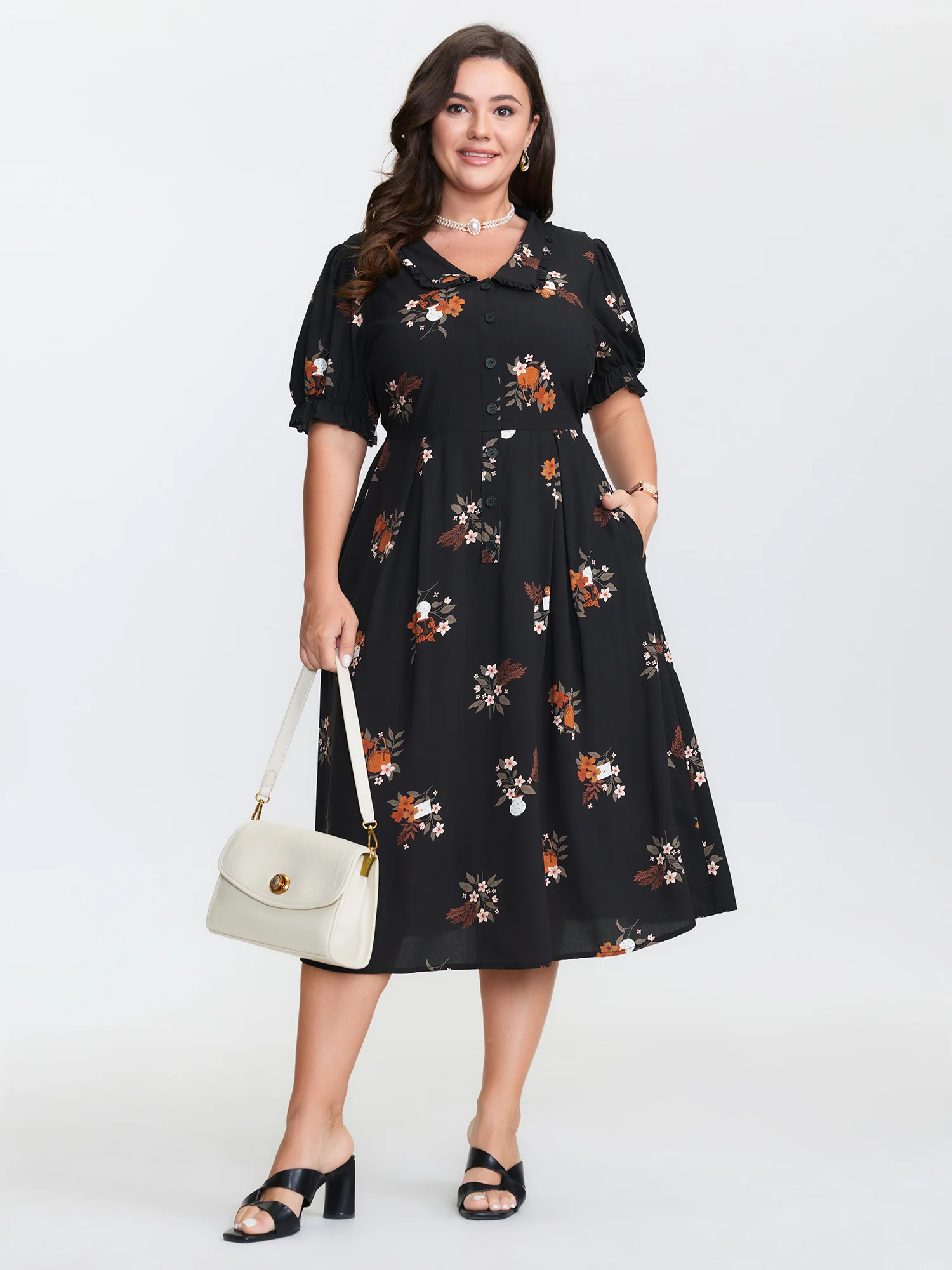 Retro Floral Print Cinched-Waist Midi Dress - Image 3