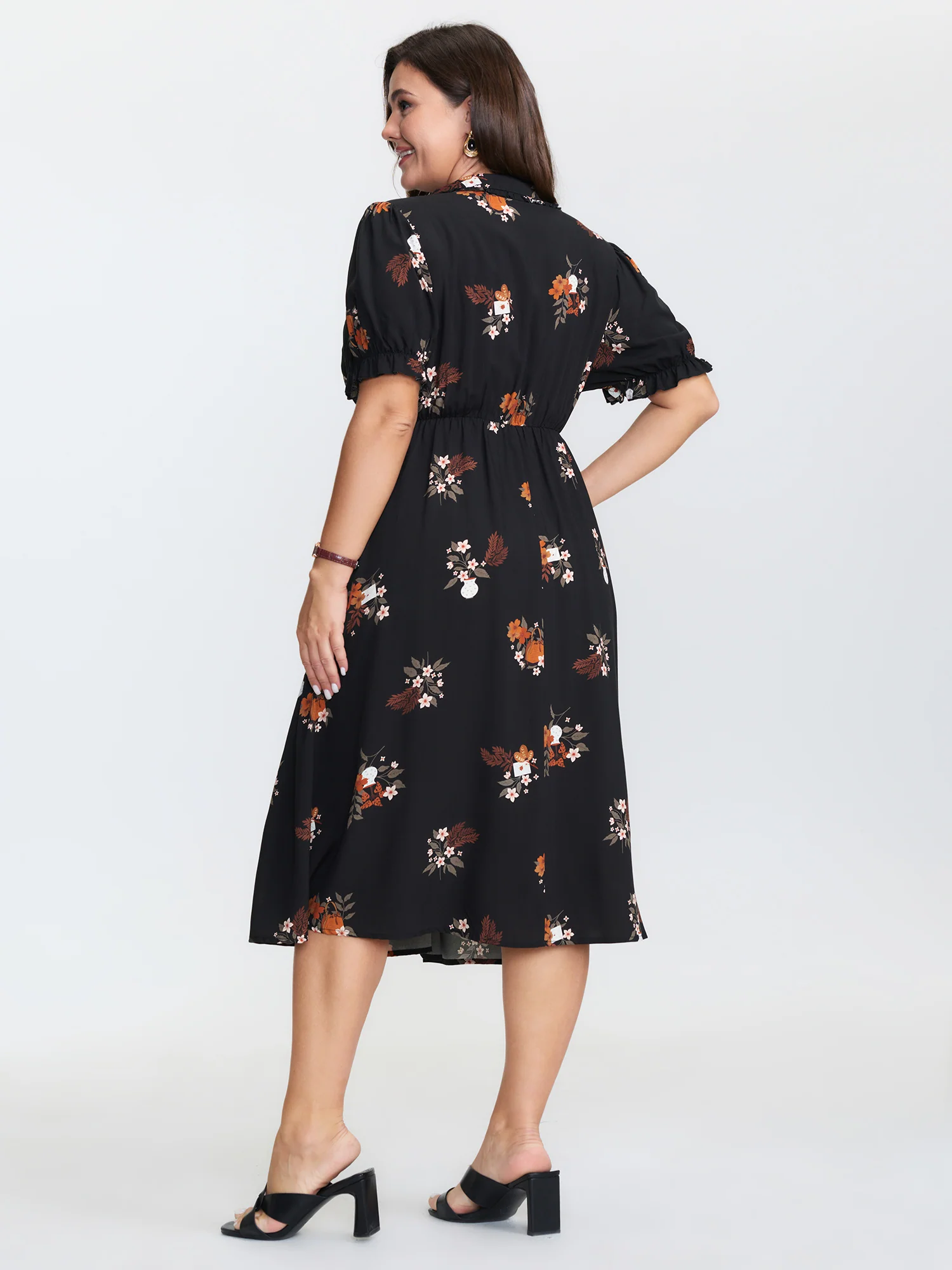 Retro Floral Print Cinched-Waist Midi Dress - Image 4