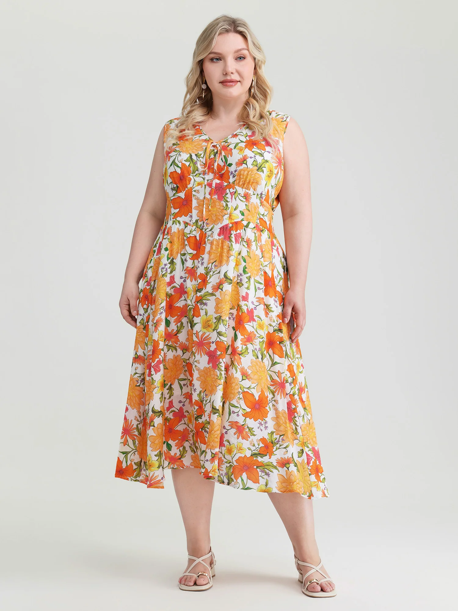 Retro Floral Print Shirred Waist Midi Dress - Image 3