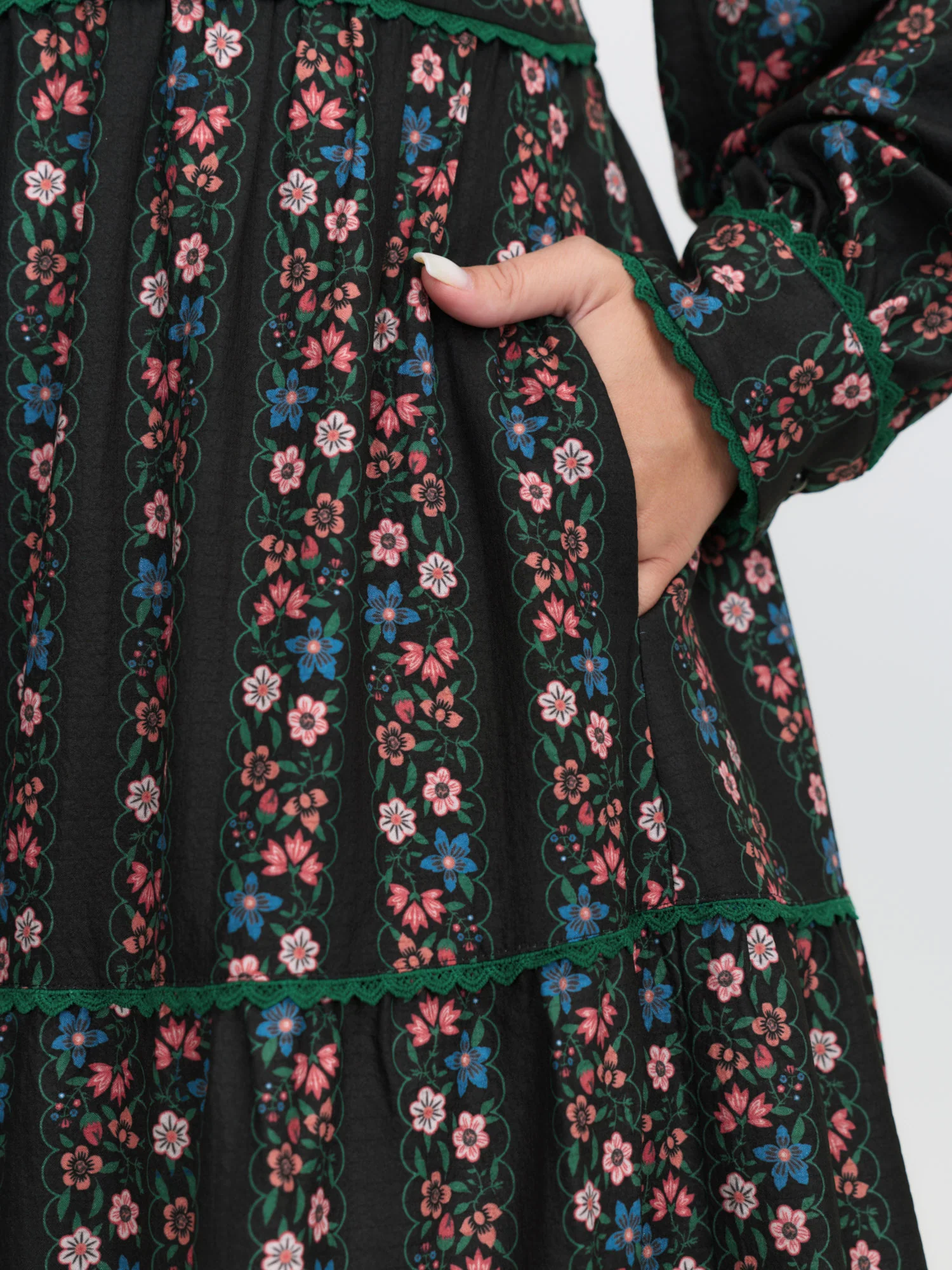 Retro Floral Stripe Tiered Midi Dress - Image 4