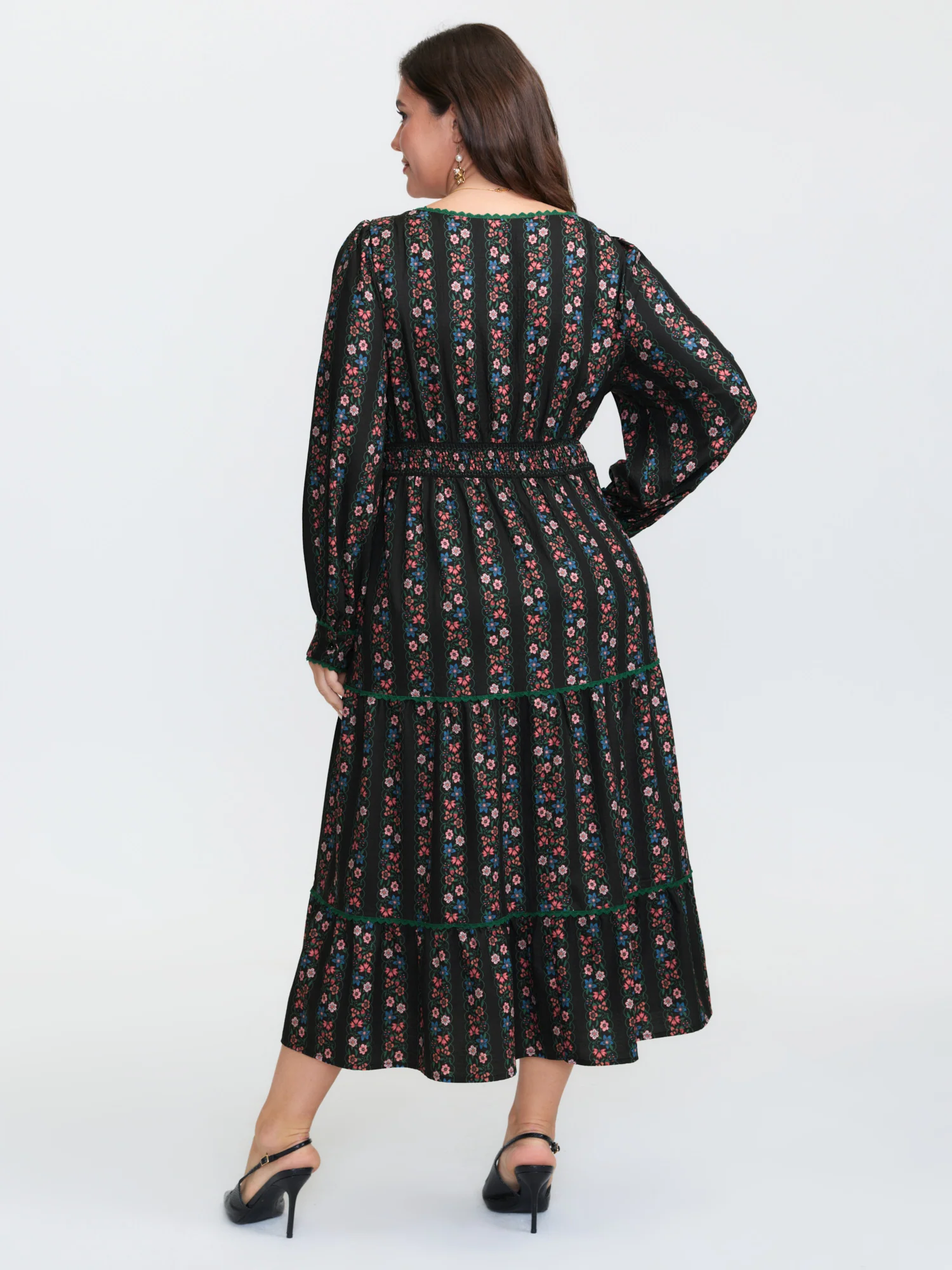 Retro Floral Stripe Tiered Midi Dress - Image 5