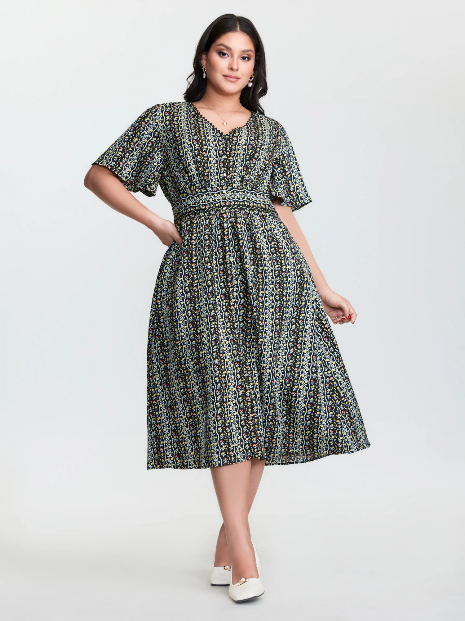 Retro Floral Striped Shirred Waist Midi Dress - Image 2
