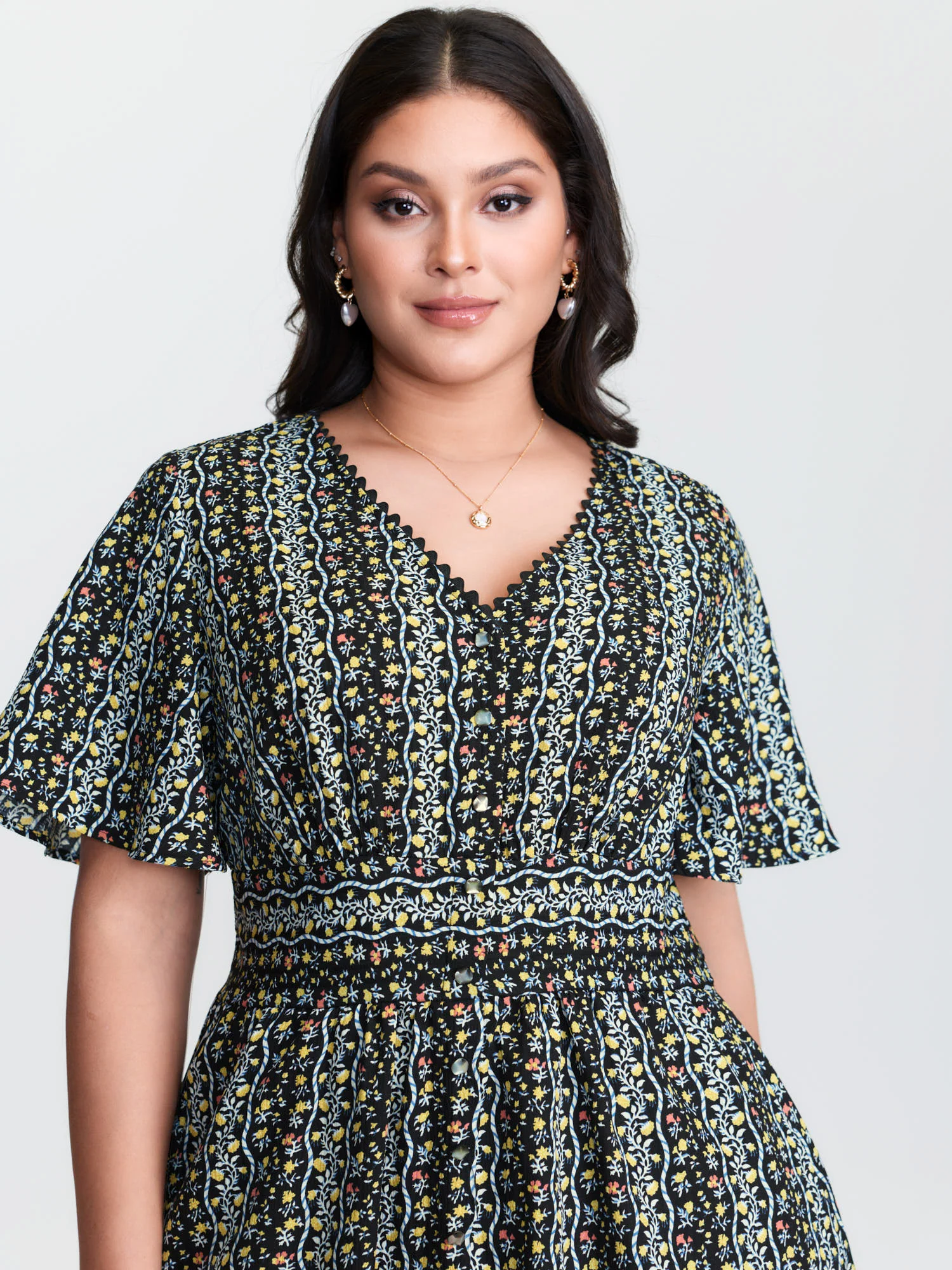 Retro Floral Striped Shirred Waist Midi Dress - Image 3