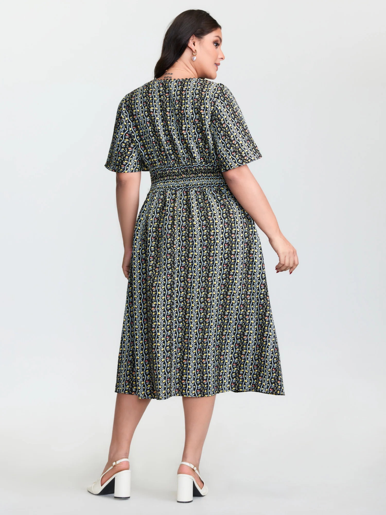 Retro Floral Striped Shirred Waist Midi Dress - Image 6