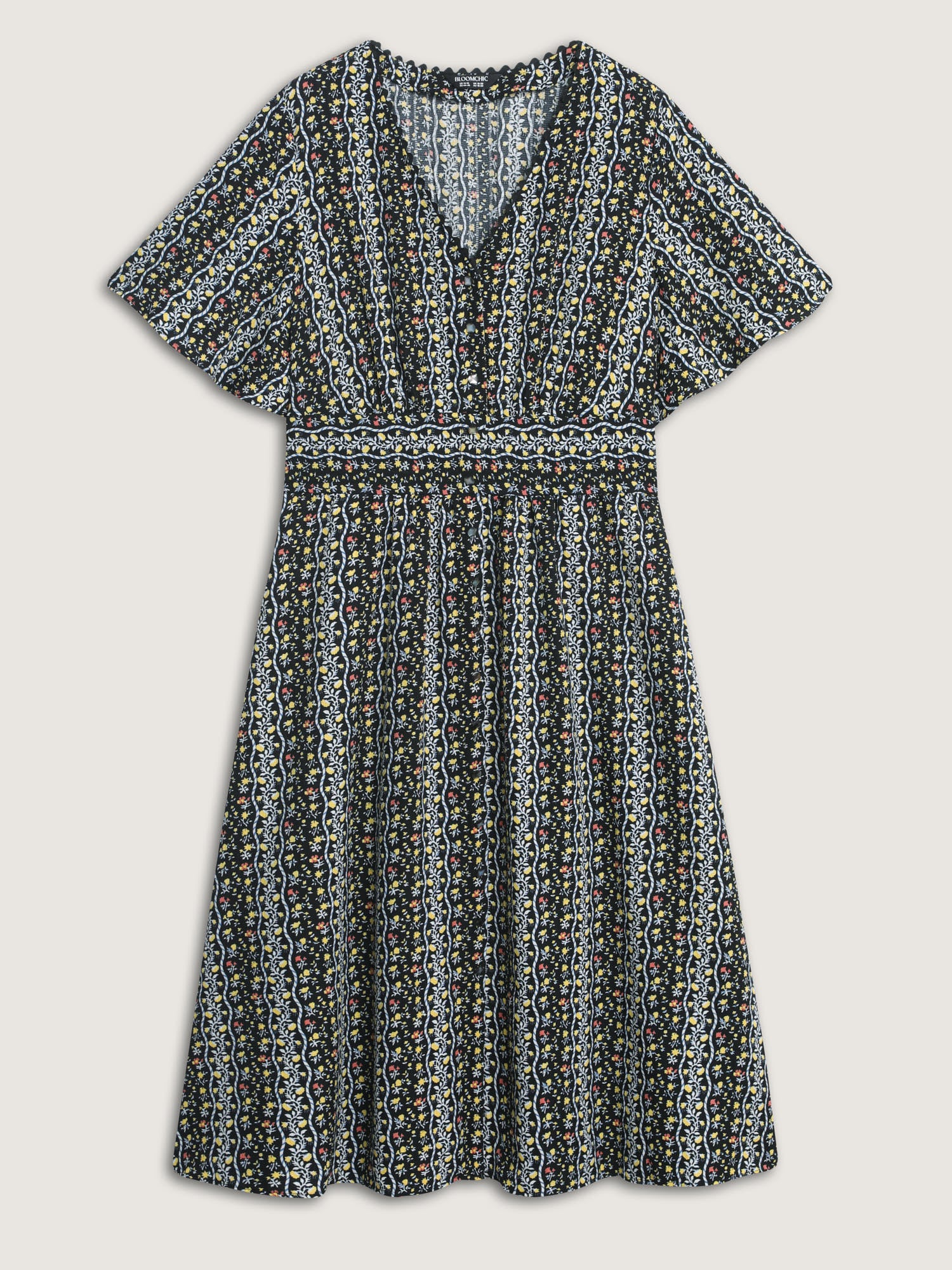 Retro Floral Striped Shirred Waist Midi Dress - Image 9
