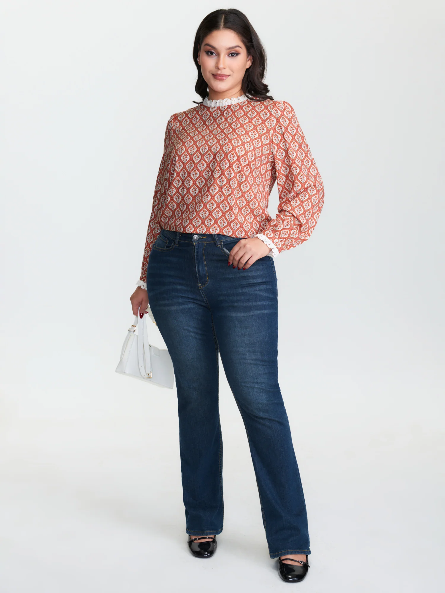 Retro Geometric Floral Print Round Neck Blouse - Image 2