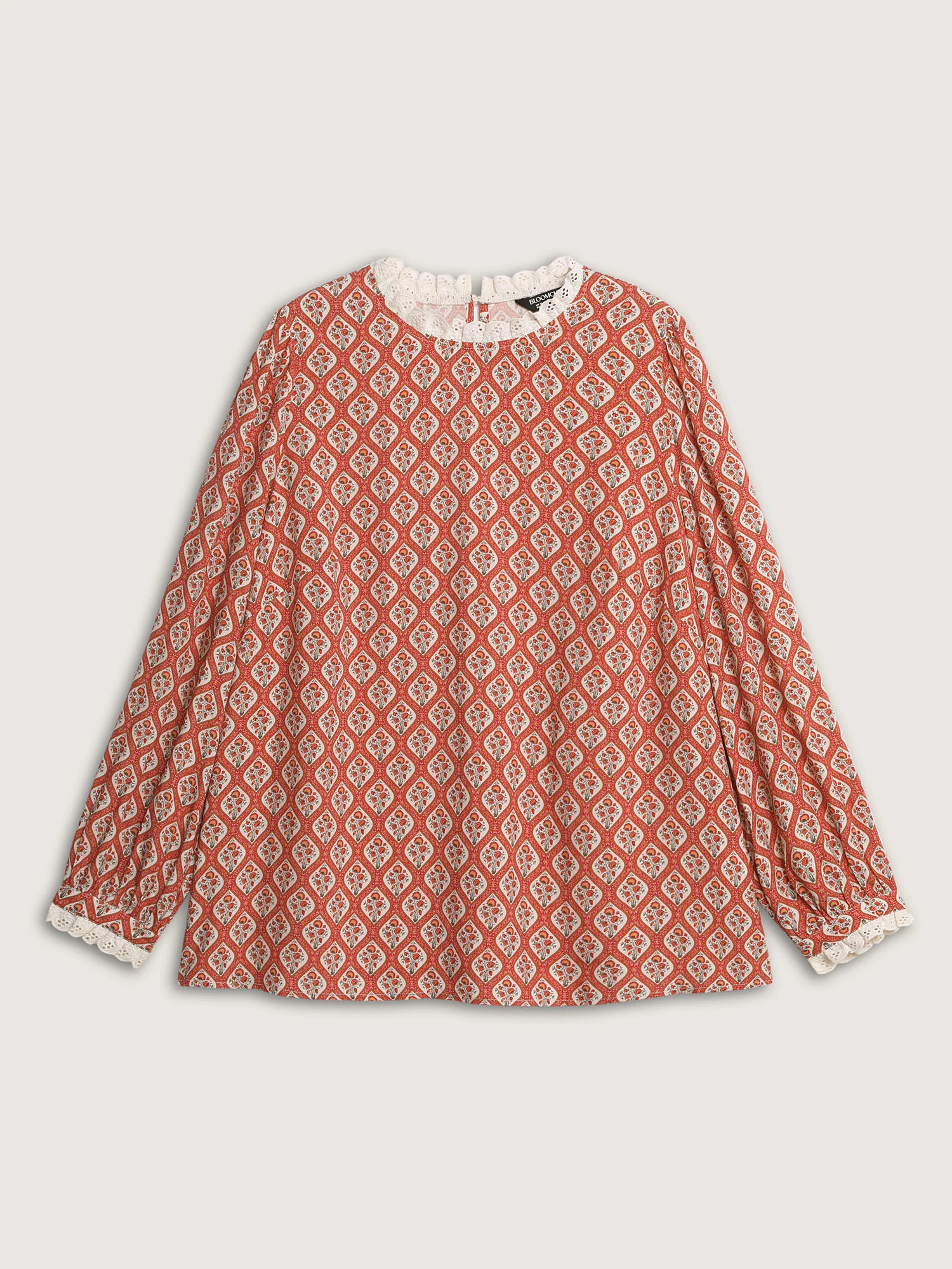 Retro Geometric Floral Print Round Neck Blouse - Image 5