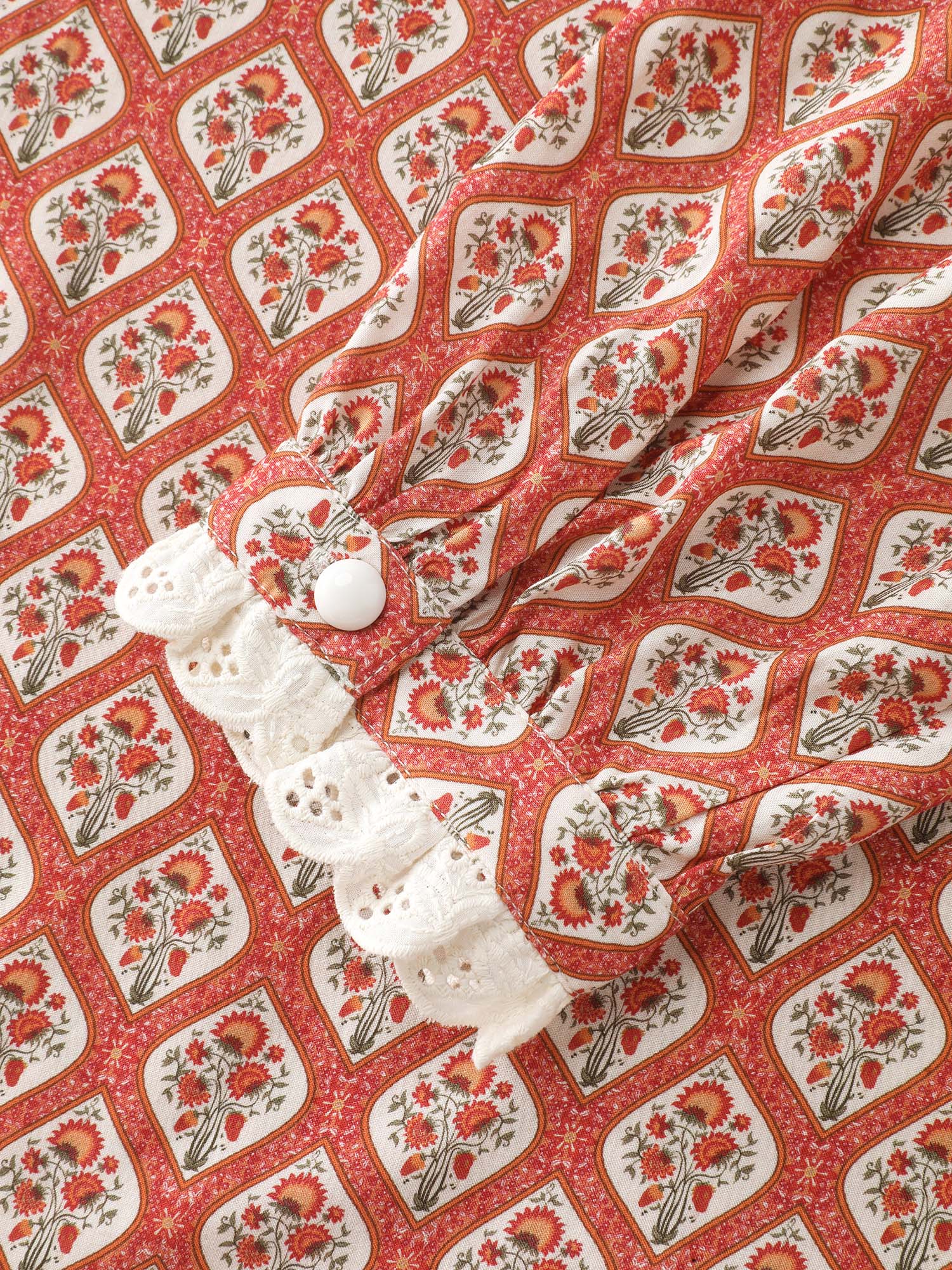Retro Geometric Floral Print Round Neck Blouse - Image 6