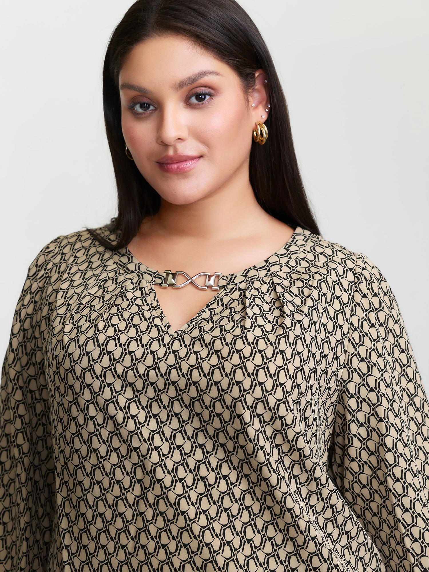 Retro Geometric Print Metallic Detail Blouse - Image 2