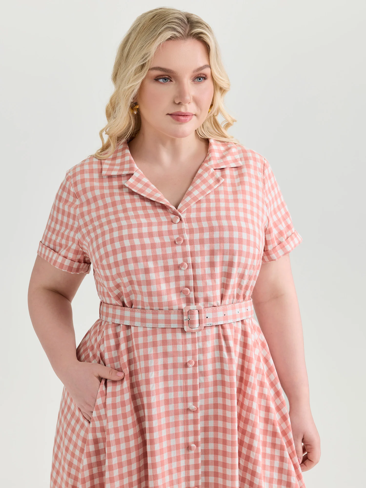 Retro Gingham Print Collared Midi Dress - Image 2