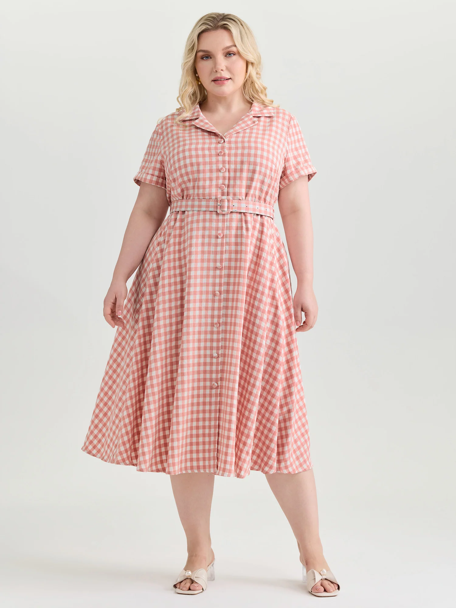 Retro Gingham Print Collared Midi Dress - Image 3
