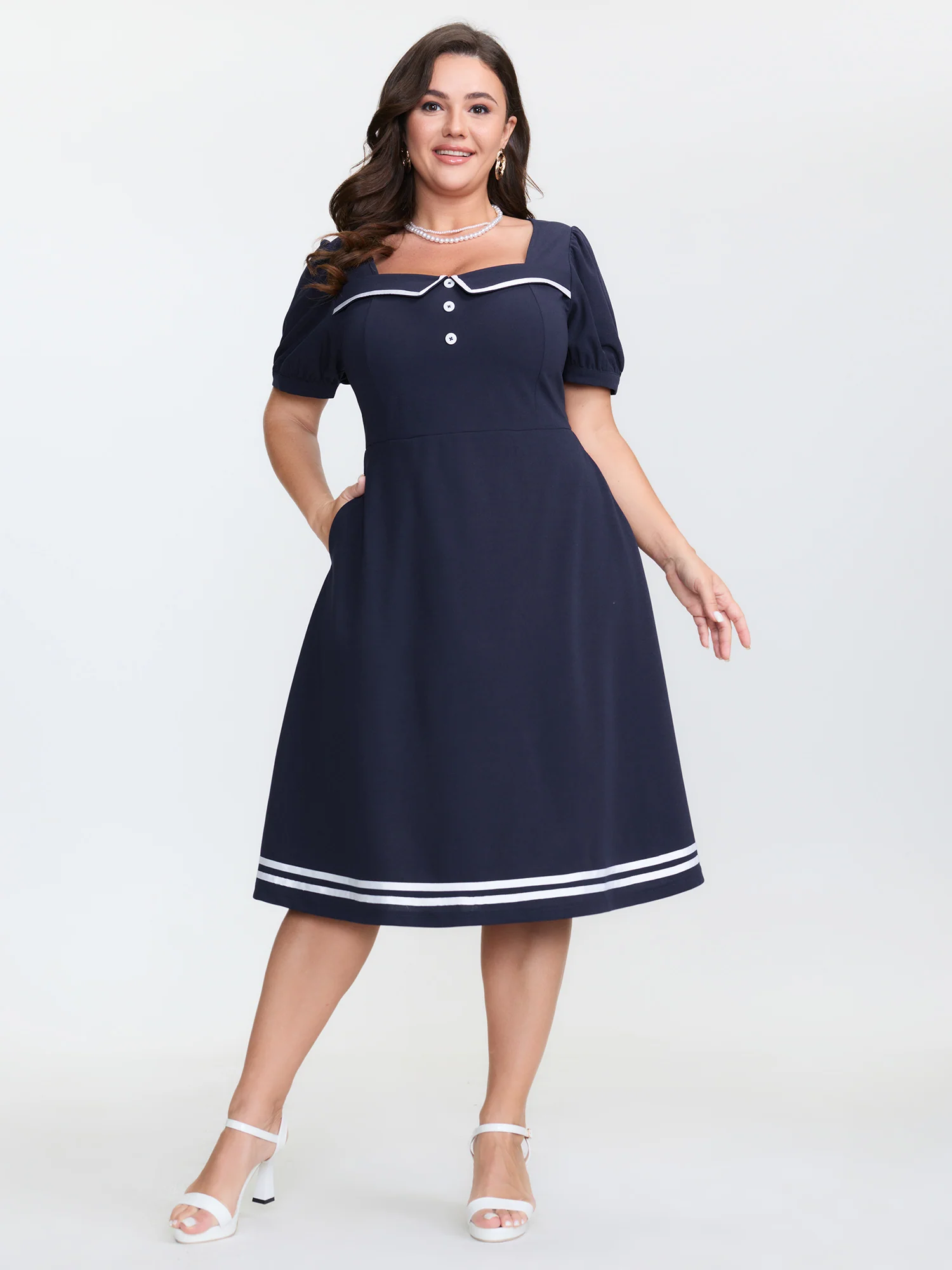 Retro Nautical Detail Color Contrast Mini Dress - Image 3