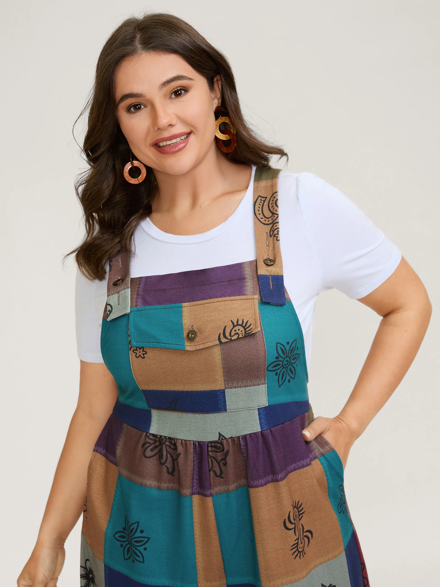 Retro Patchwork Print Stretchy Waist Jumpsuit - Image 2