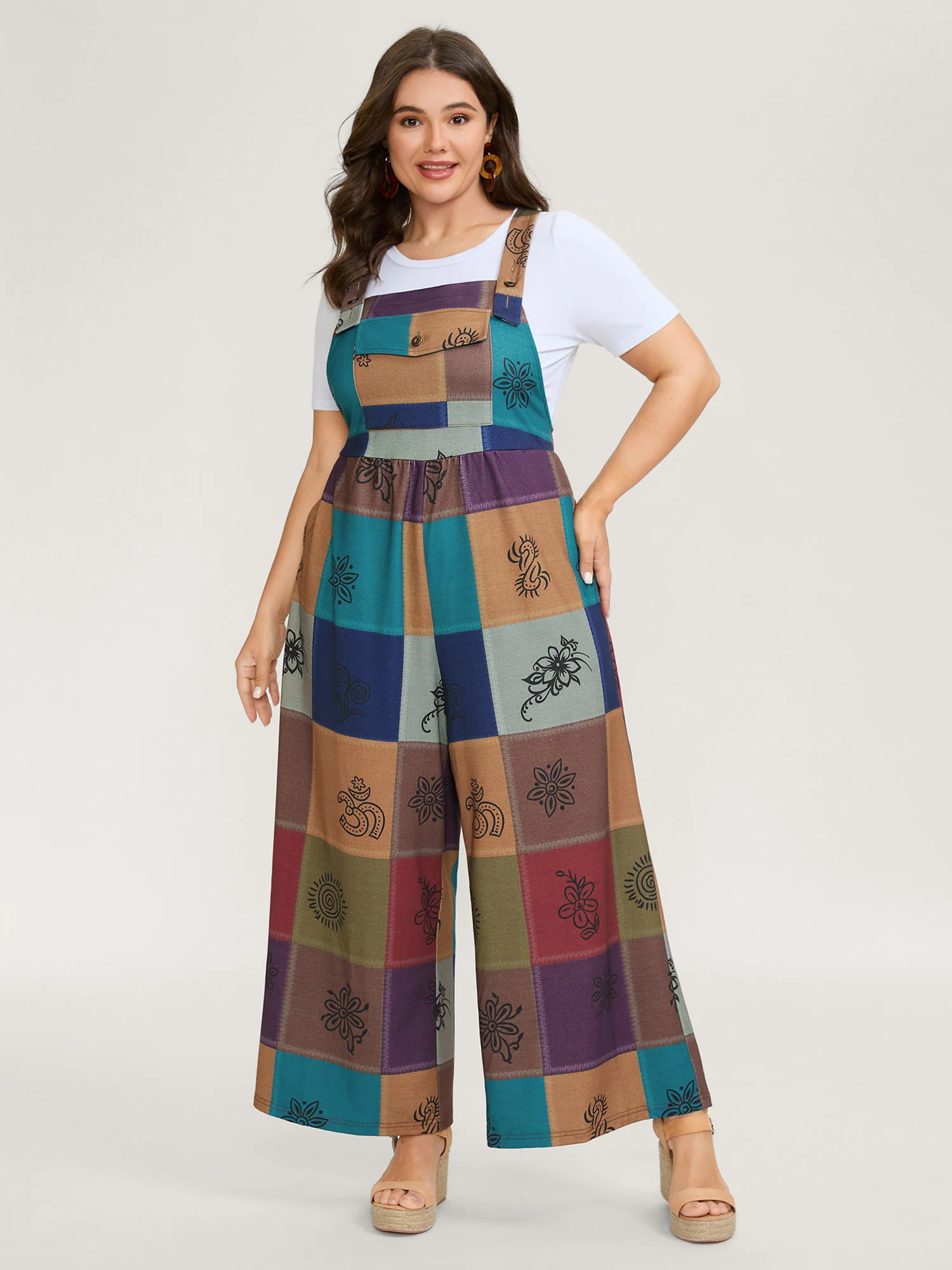 Retro Patchwork Print Stretchy Waist Jumpsuit - Image 3
