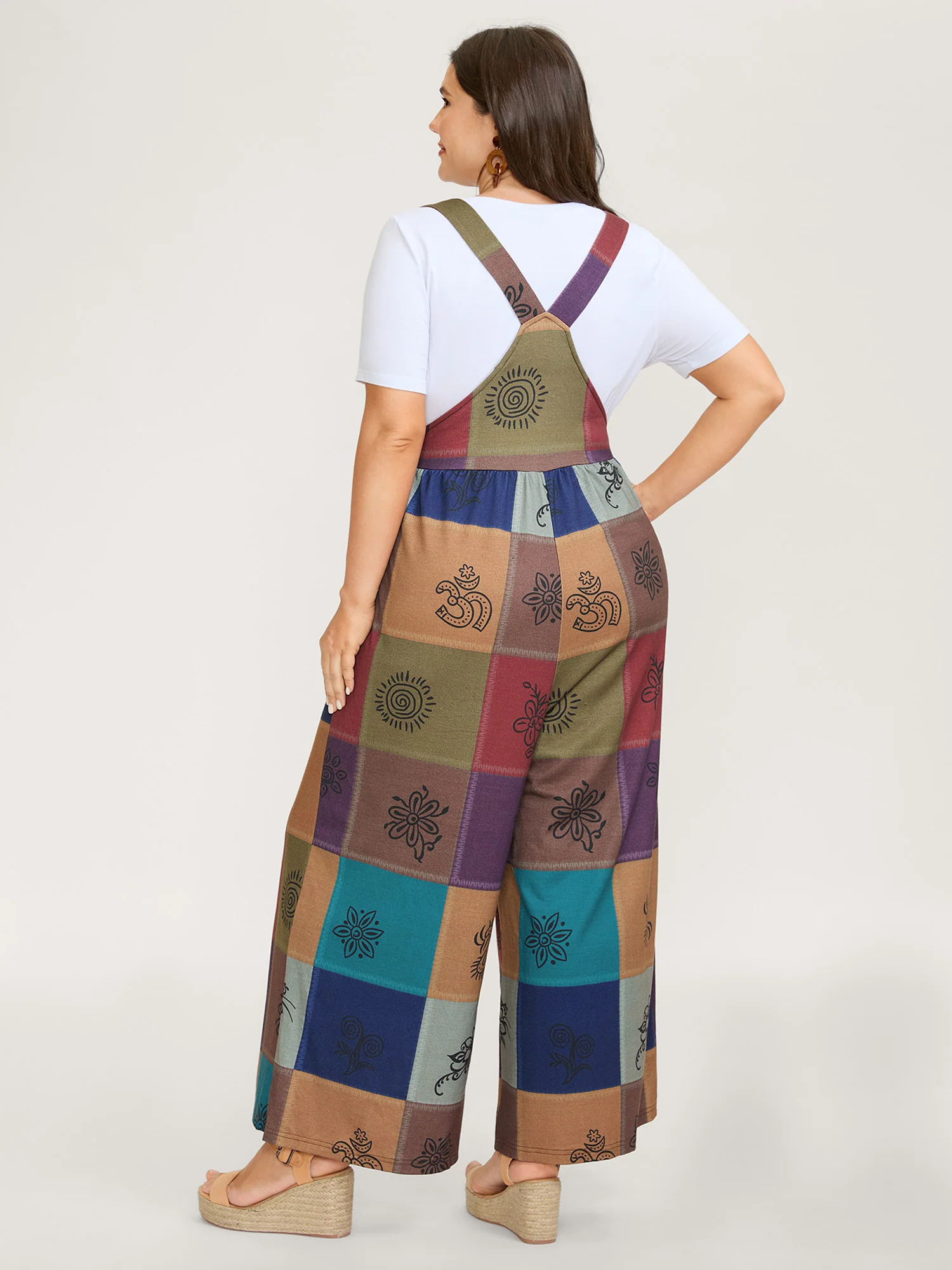 Retro Patchwork Print Stretchy Waist Jumpsuit - Image 4