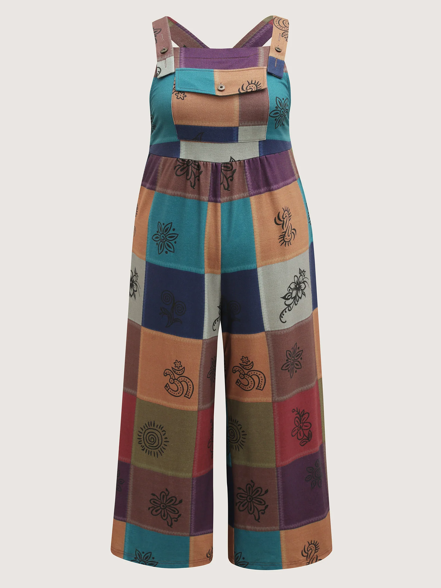 Retro Patchwork Print Stretchy Waist Jumpsuit - Image 7