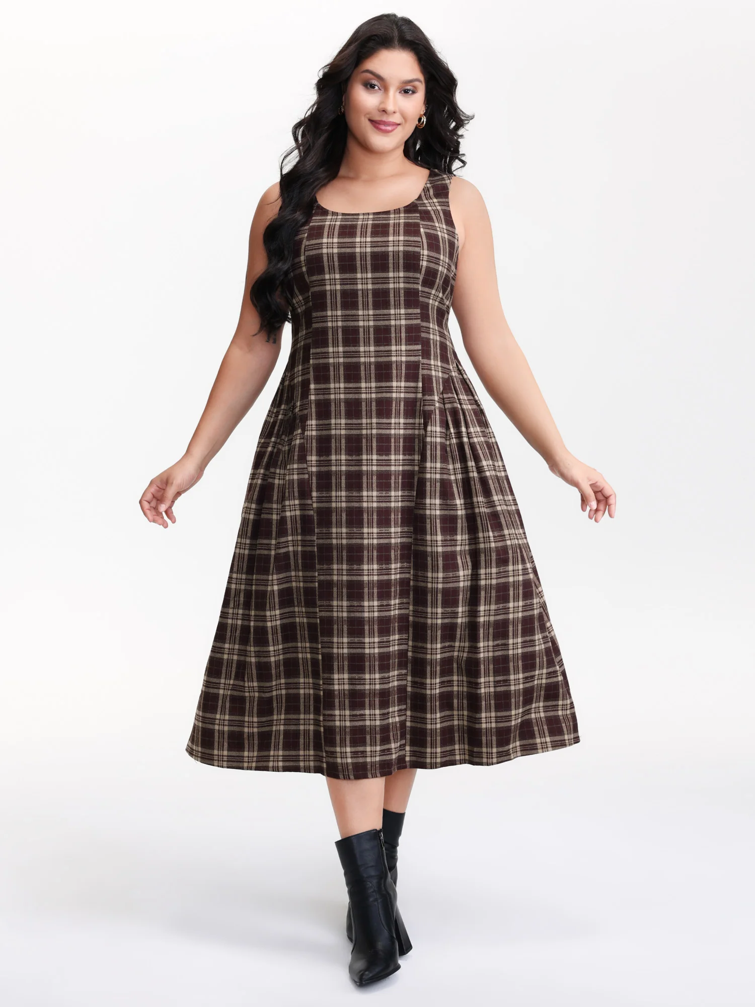 Retro Plaid Drop Waist Tie Midi Dress - Image 2