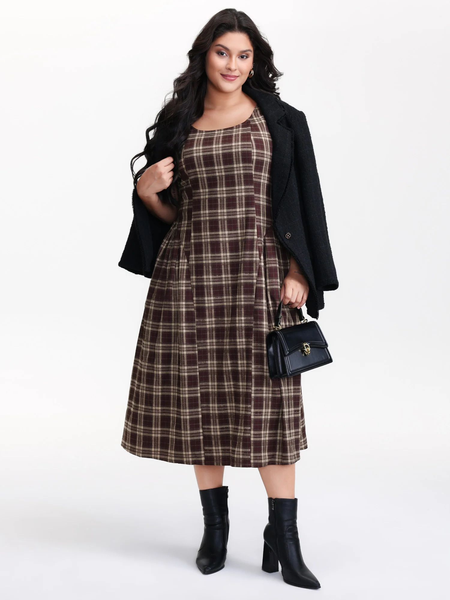 Retro Plaid Drop Waist Tie Midi Dress - Image 3