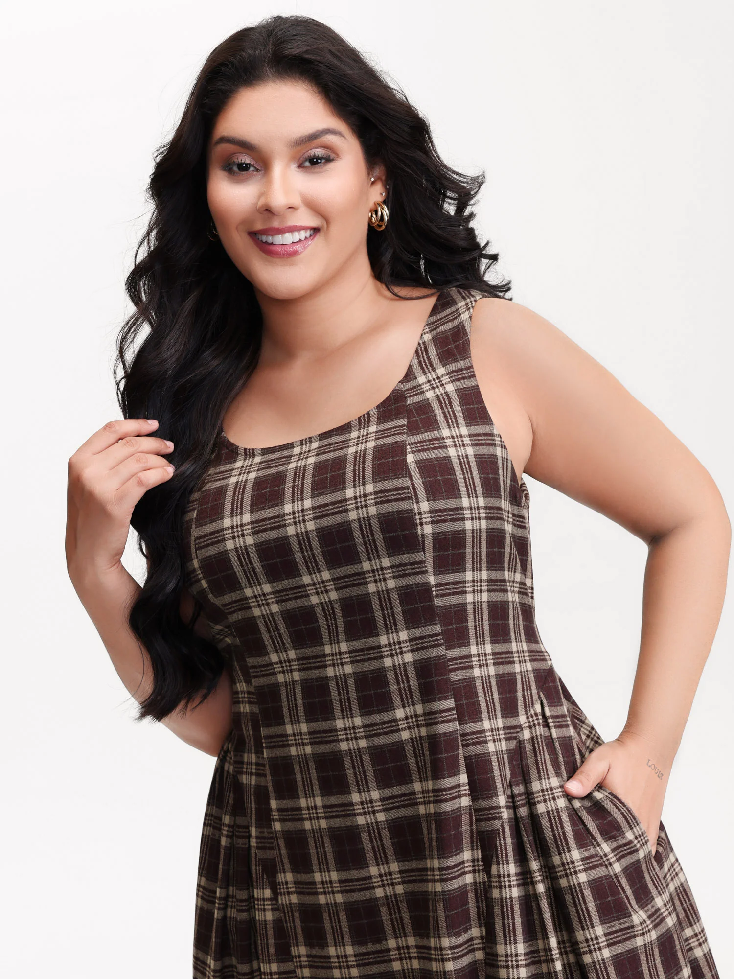Retro Plaid Drop Waist Tie Midi Dress - Image 5