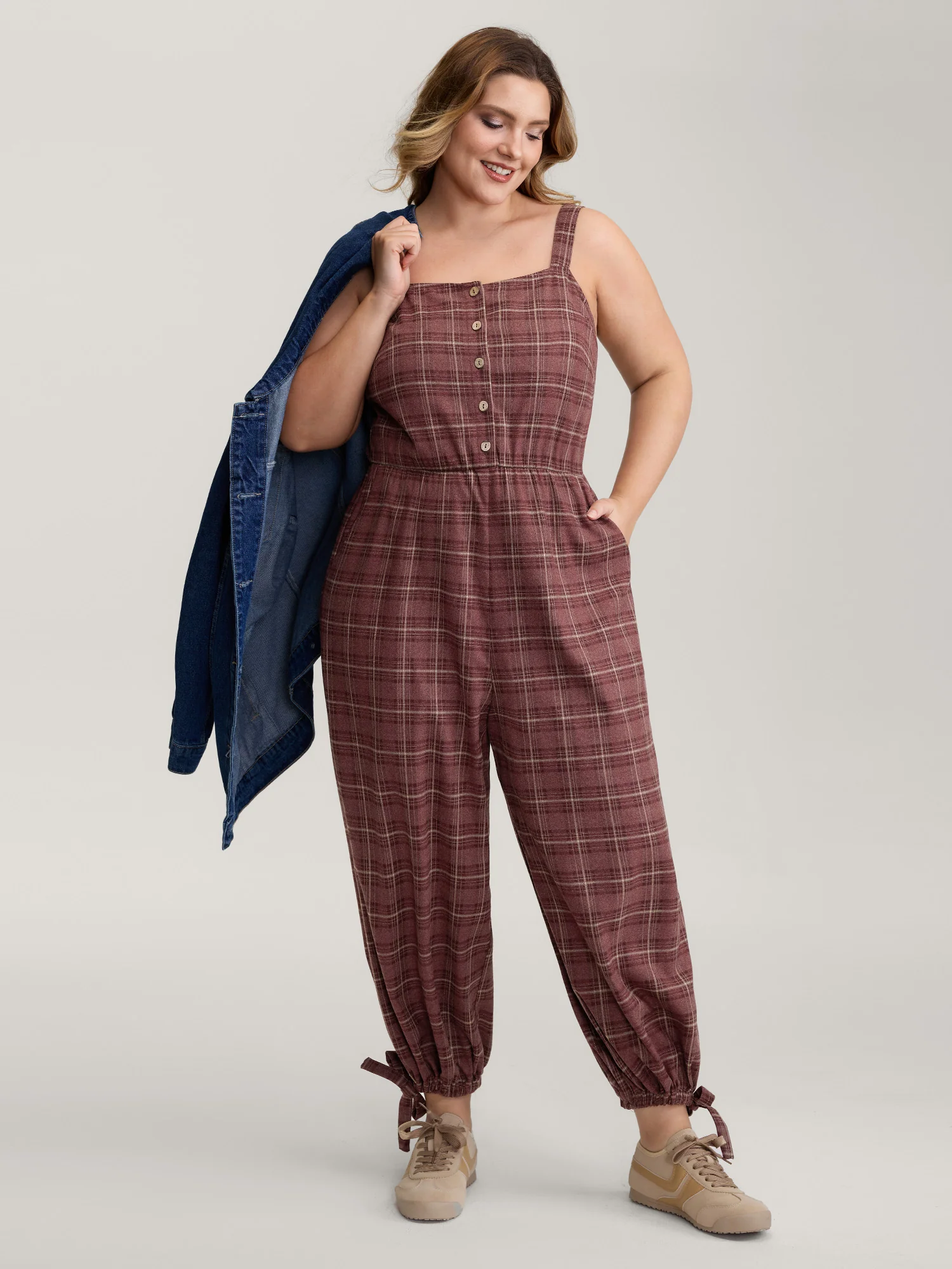 Retro Plaid Print Harem Style Jumpsuit - Image 3