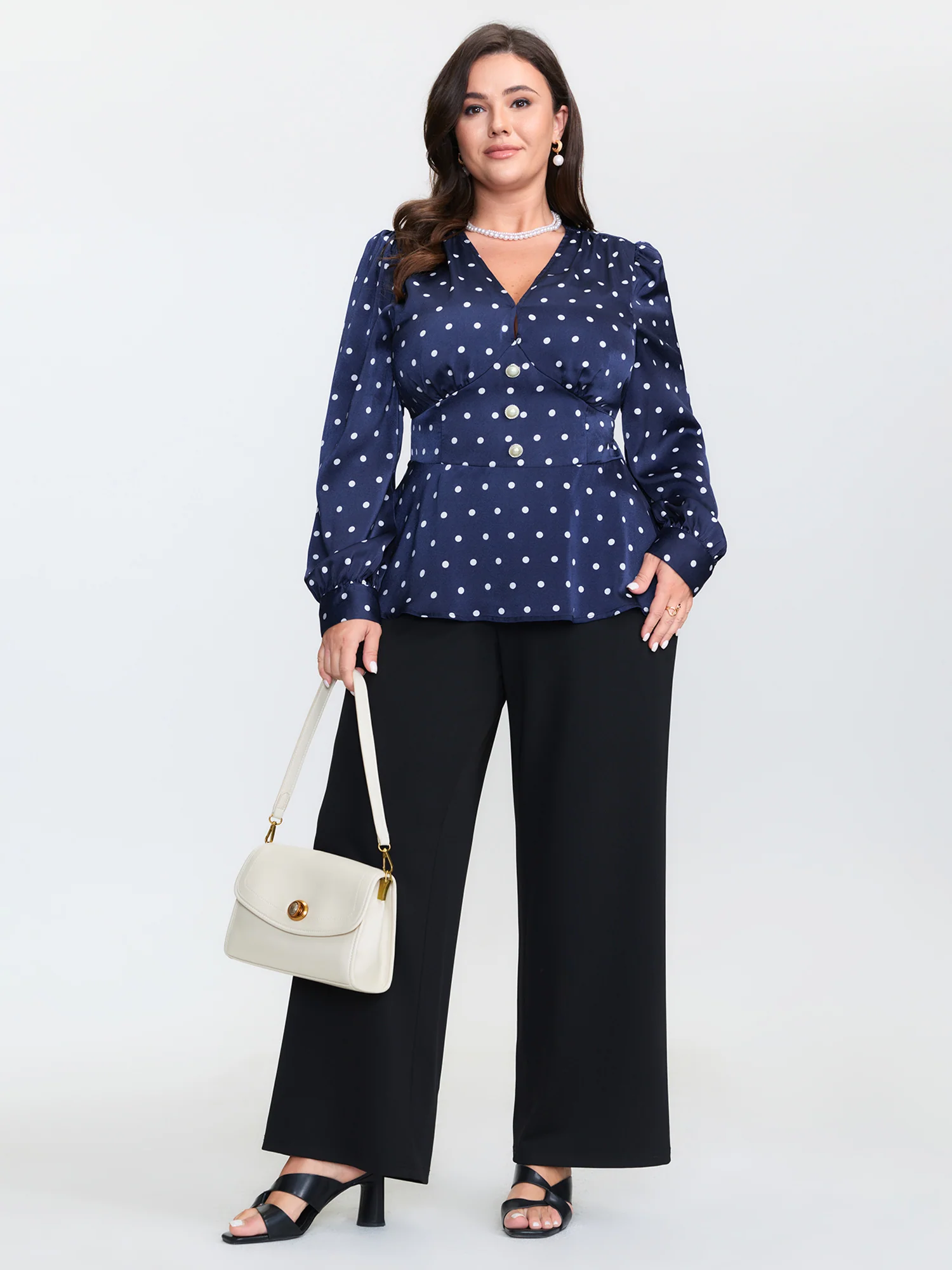 Retro Polka Dots Cinched-Waist Blouse - Image 3