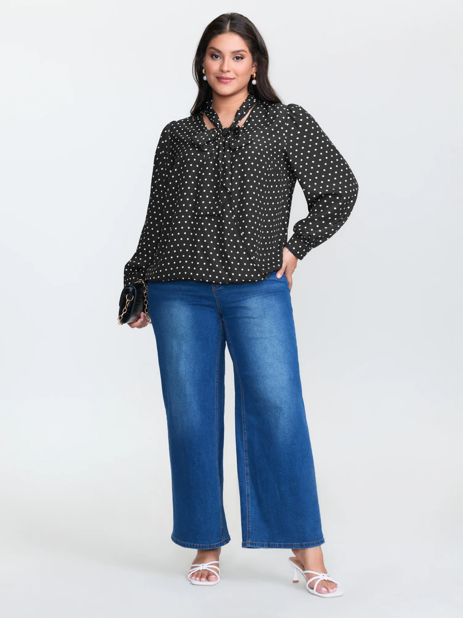 Retro Polka Dots Ribbon Neckline Blouse - Image 3