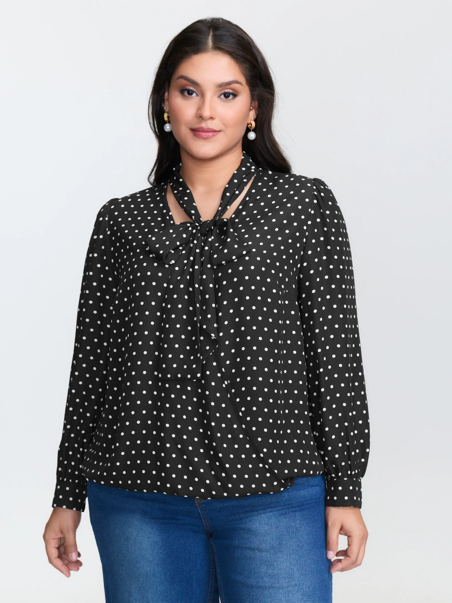 Retro Polka Dots Ribbon Neckline Blouse - Image 4