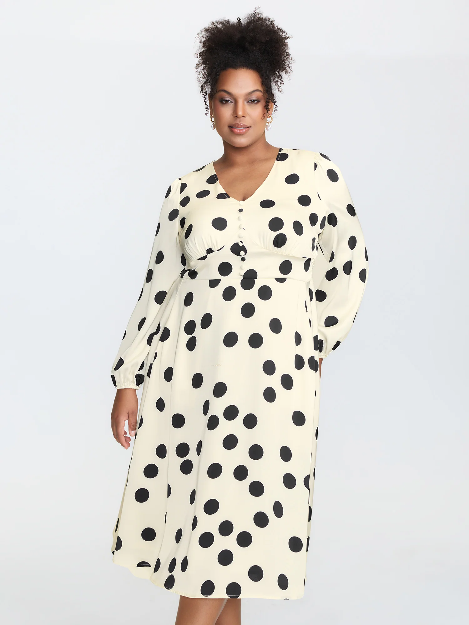 Retro Polka Dots Triangular Waist-Cinched Midi Dress - Image 2