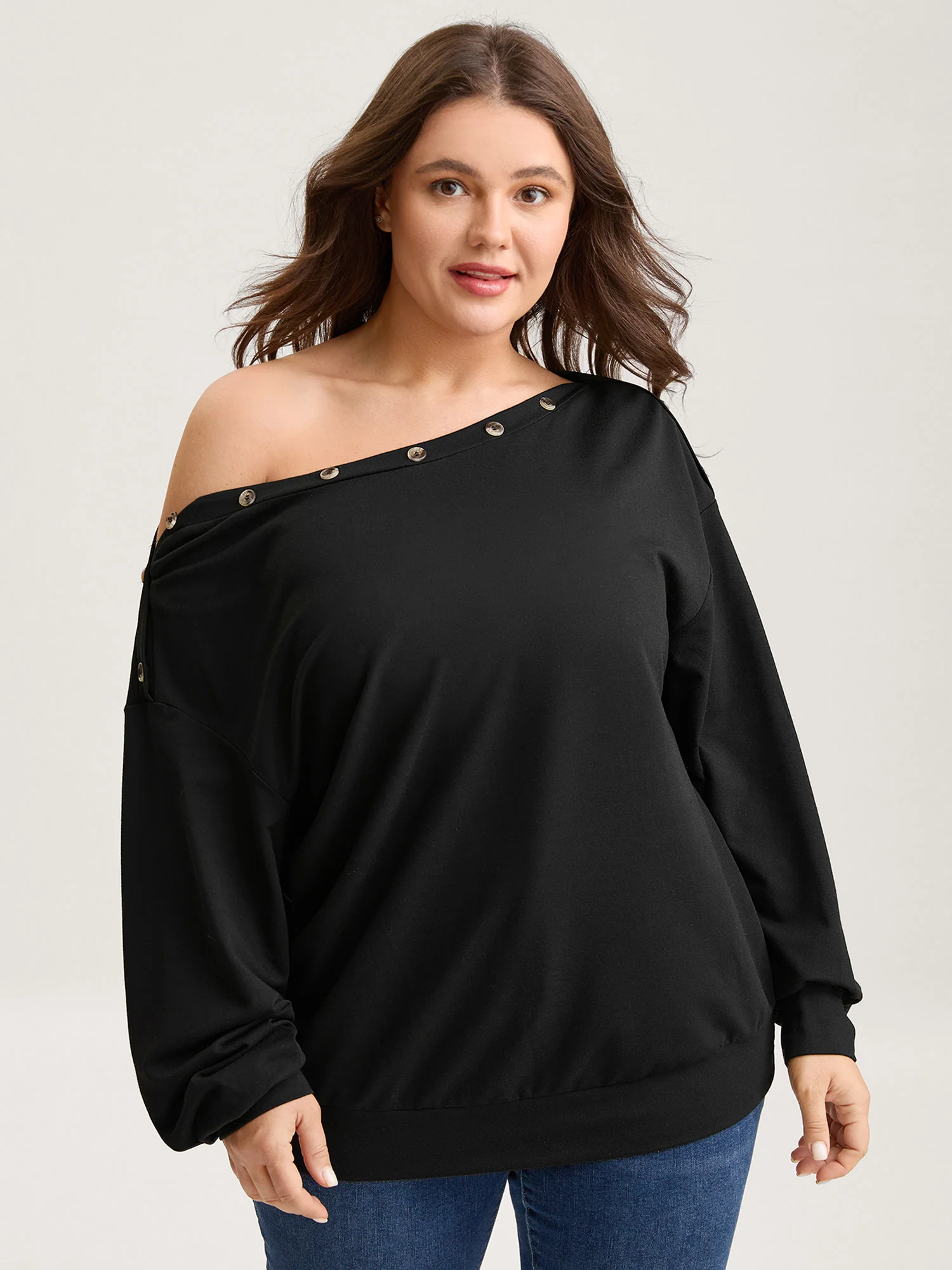 Reversible Off-Shoulder Button Neck Sweatshirt - Image 2