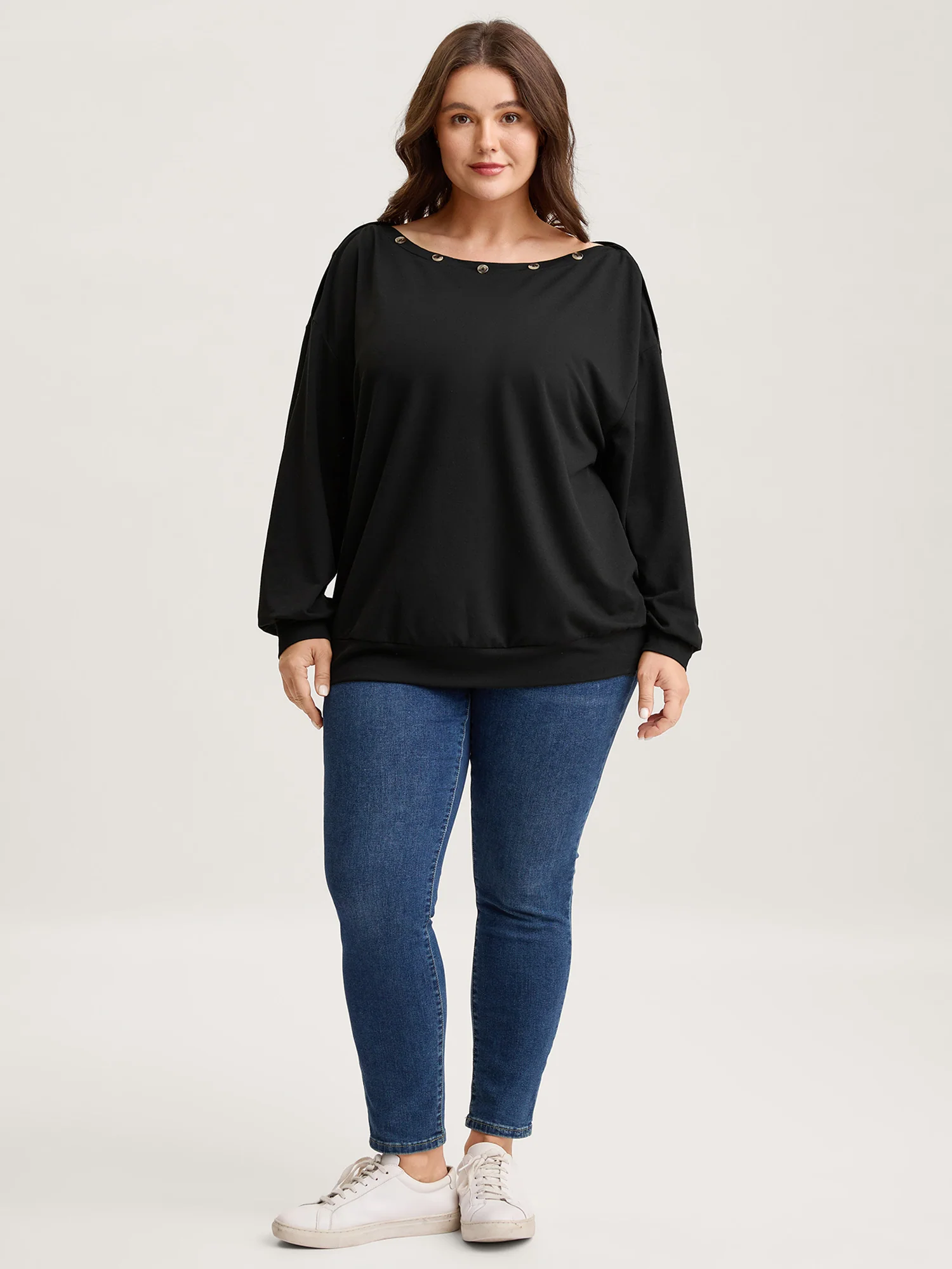Reversible Off-Shoulder Button Neck Sweatshirt - Image 3