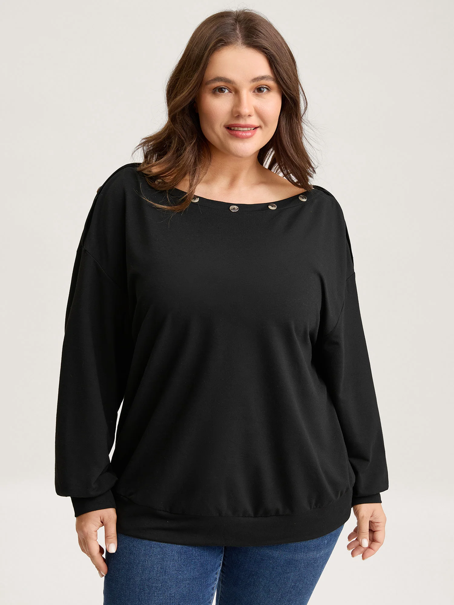 Reversible Off-Shoulder Button Neck Sweatshirt - Image 4