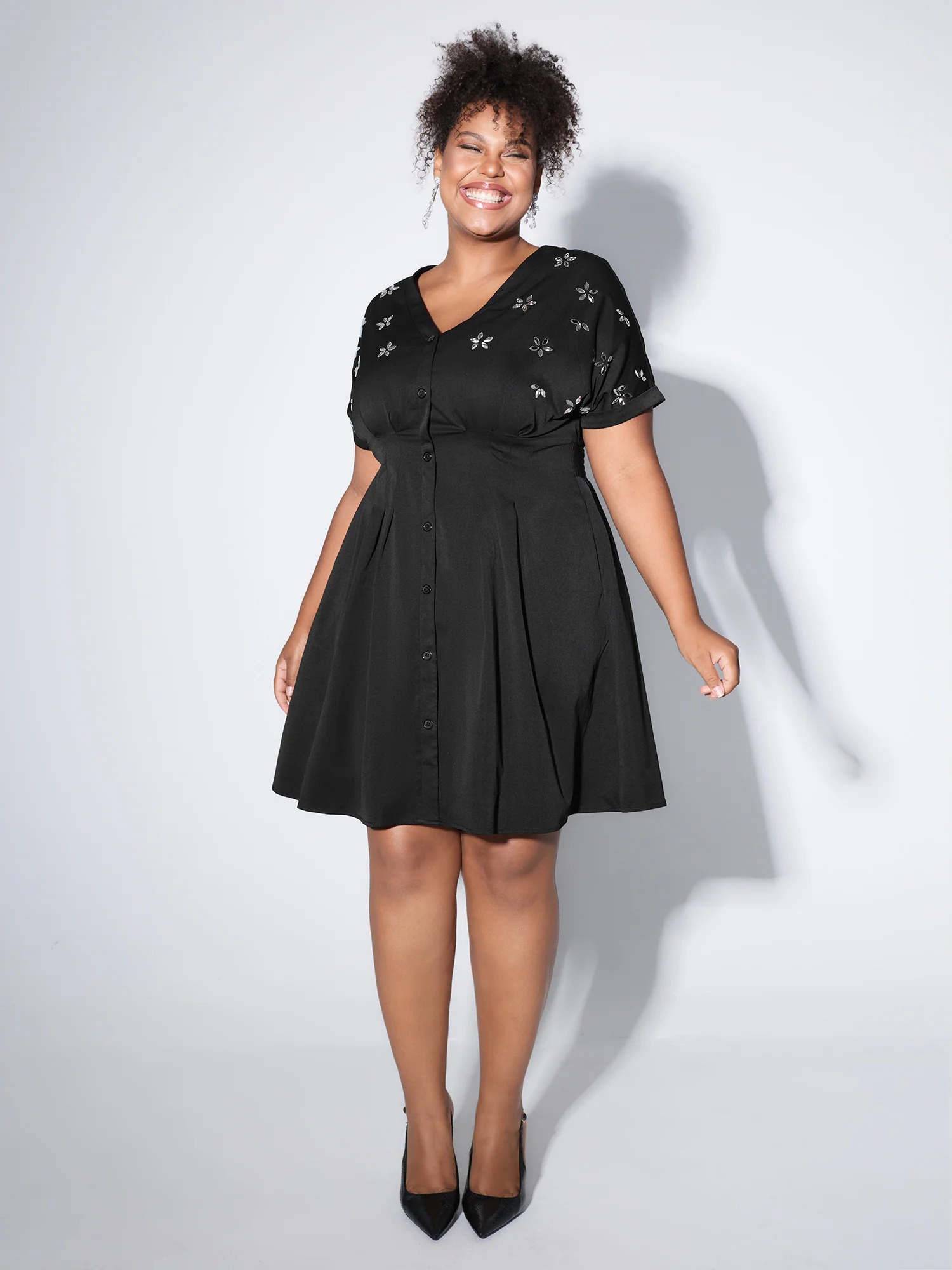 Rhinestone Cinched-Waist Button Mini Dress - Image 3