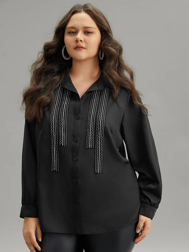 Twill Rhinestone Contrast Webbing Button Through Blouse - Image 3