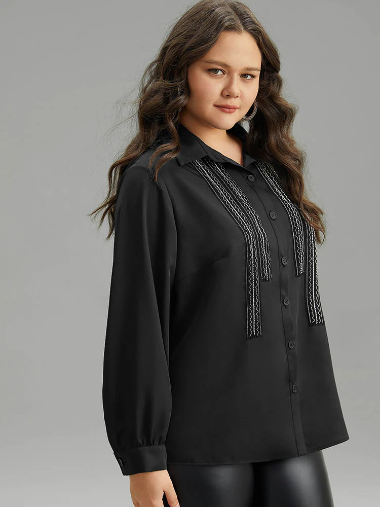 Twill Rhinestone Contrast Webbing Button Through Blouse - Image 5
