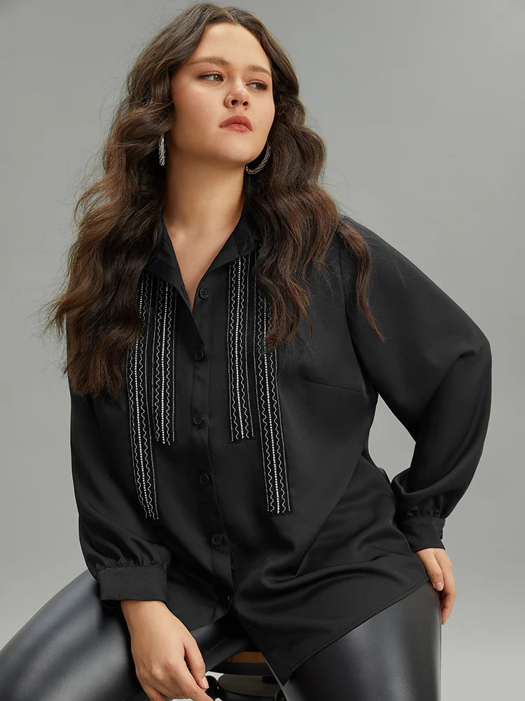 Twill Rhinestone Contrast Webbing Button Through Blouse - Image 6