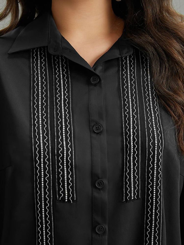 Twill Rhinestone Contrast Webbing Button Through Blouse - Image 7