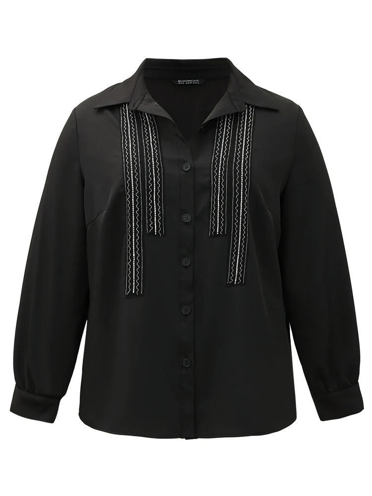 Twill Rhinestone Contrast Webbing Button Through Blouse - Image 9