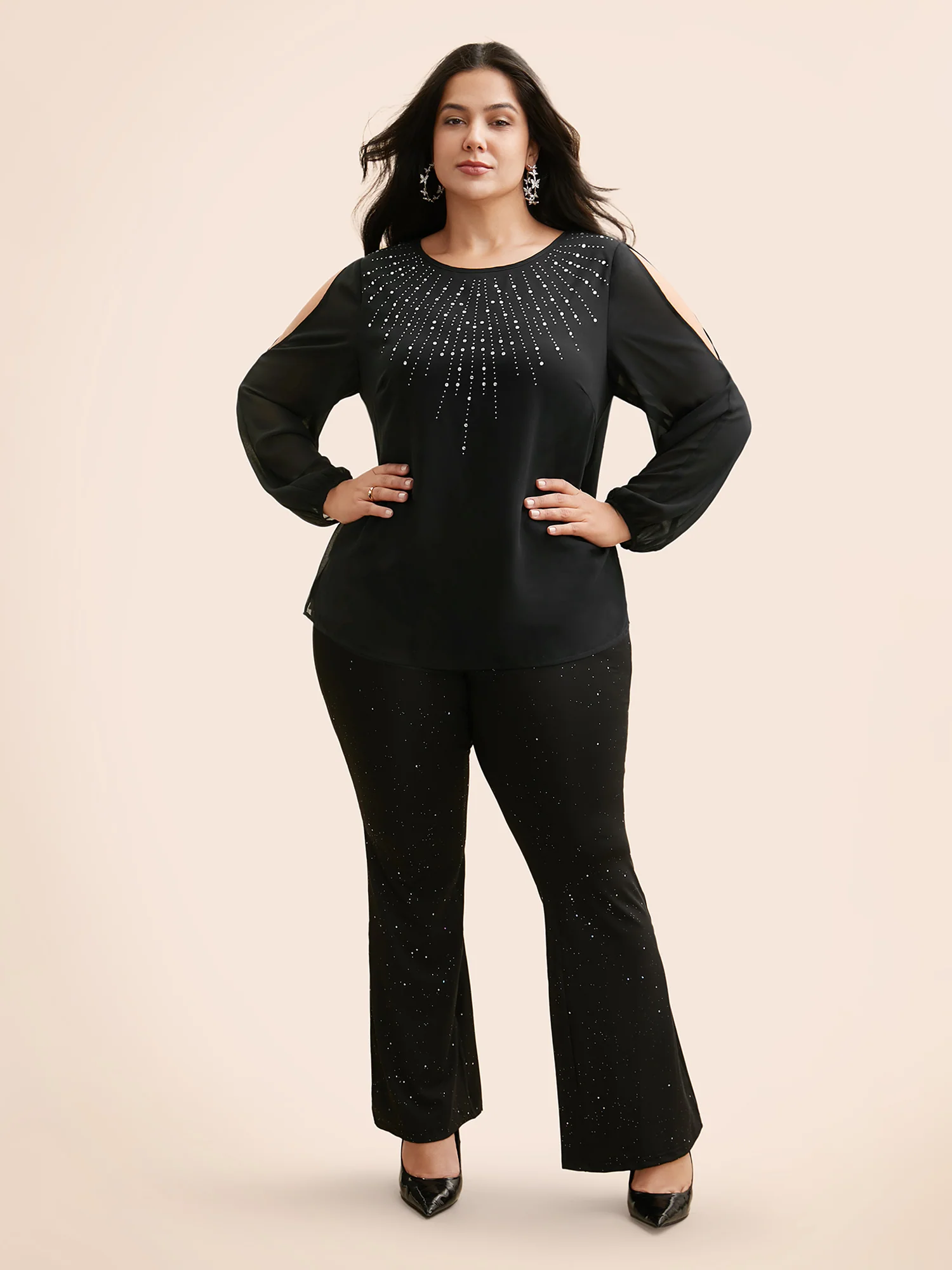 Rhinestone Cut Out Lantern Sleeve Blouse - Image 2