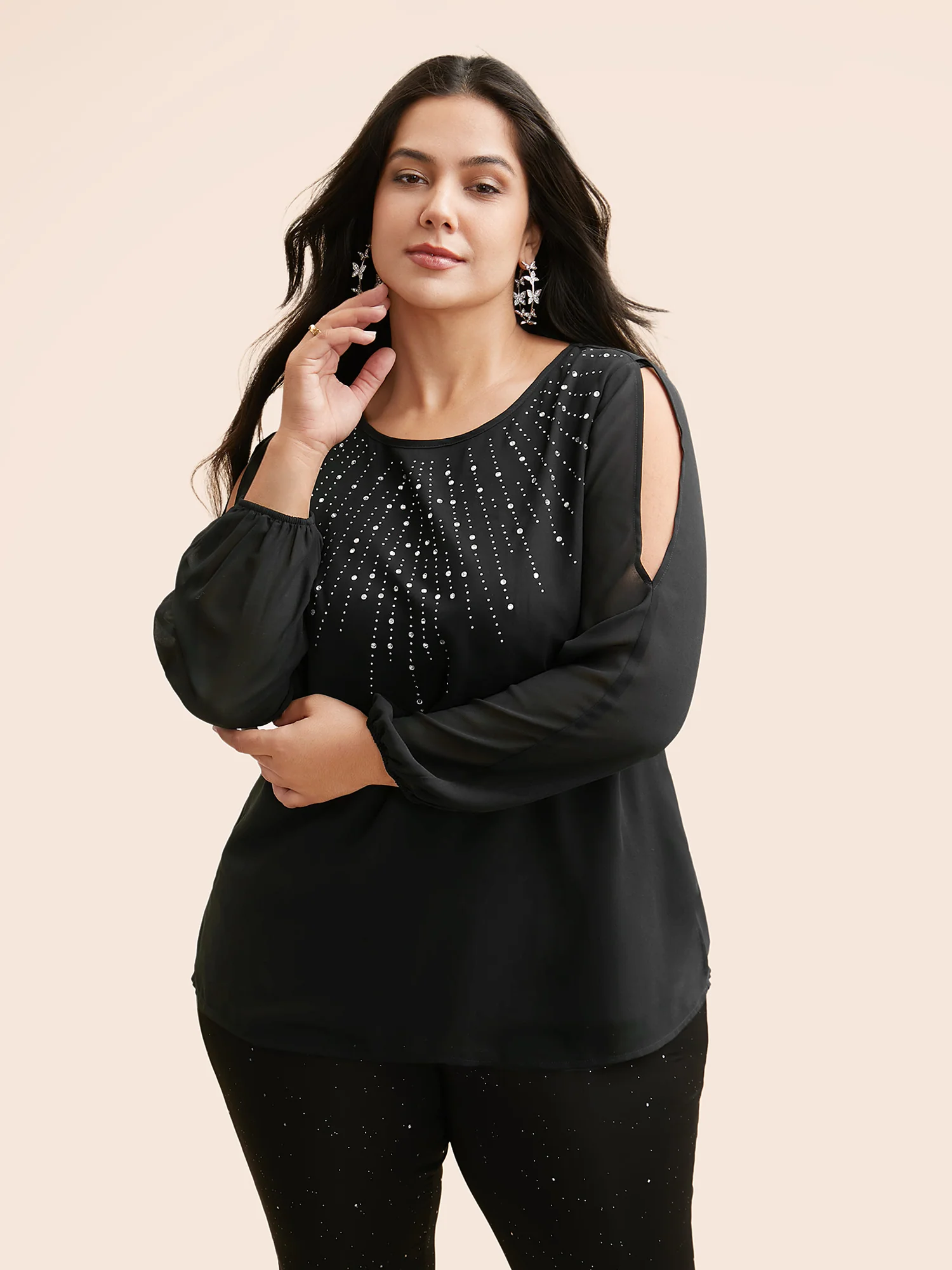 Rhinestone Cut Out Lantern Sleeve Blouse - Image 3