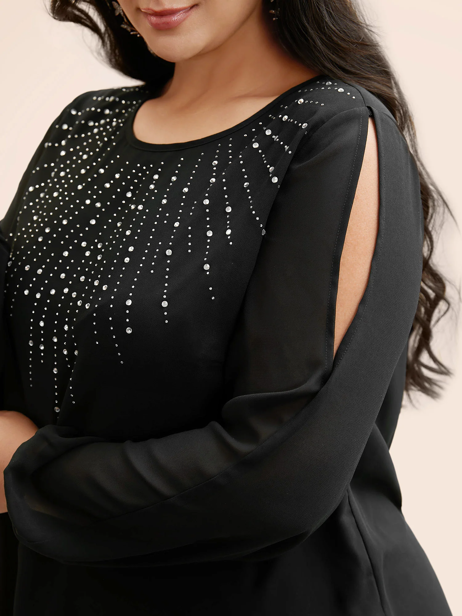Rhinestone Cut Out Lantern Sleeve Blouse - Image 4