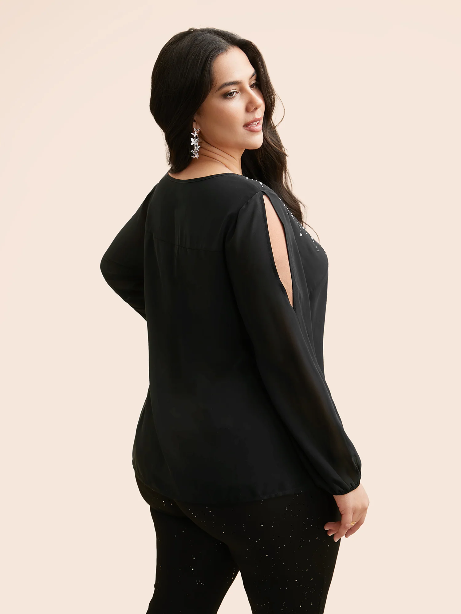Rhinestone Cut Out Lantern Sleeve Blouse - Image 5