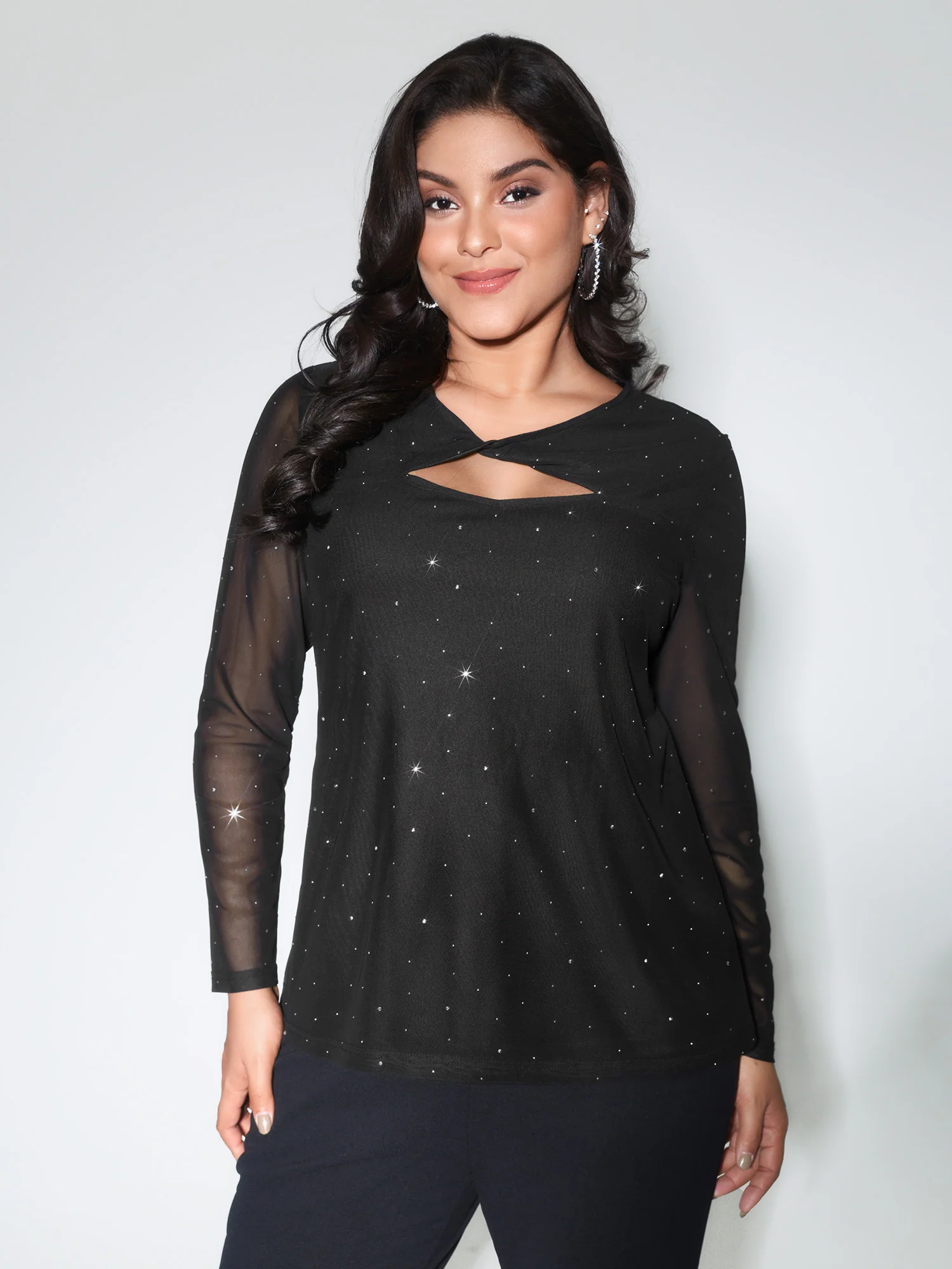 Rhinestone Cut Out Neck Mesh Sheer Blouse - Image 2