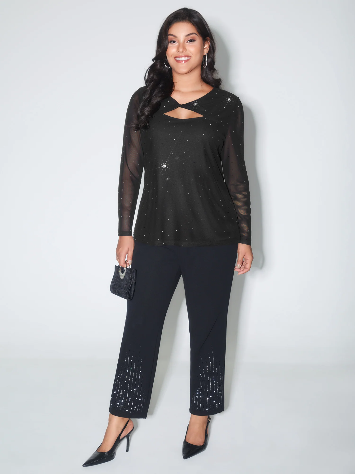Rhinestone Cut Out Neck Mesh Sheer Blouse - Image 3