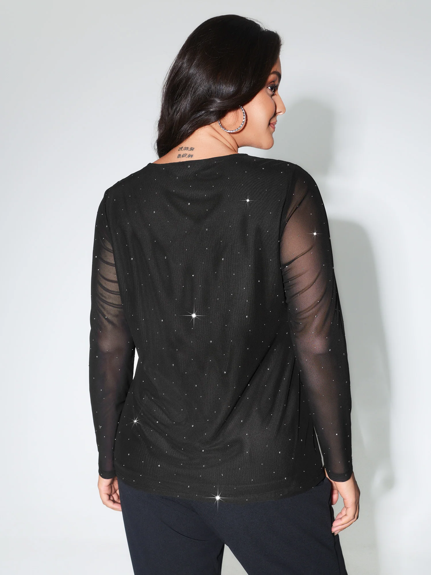Rhinestone Cut Out Neck Mesh Sheer Blouse - Image 4