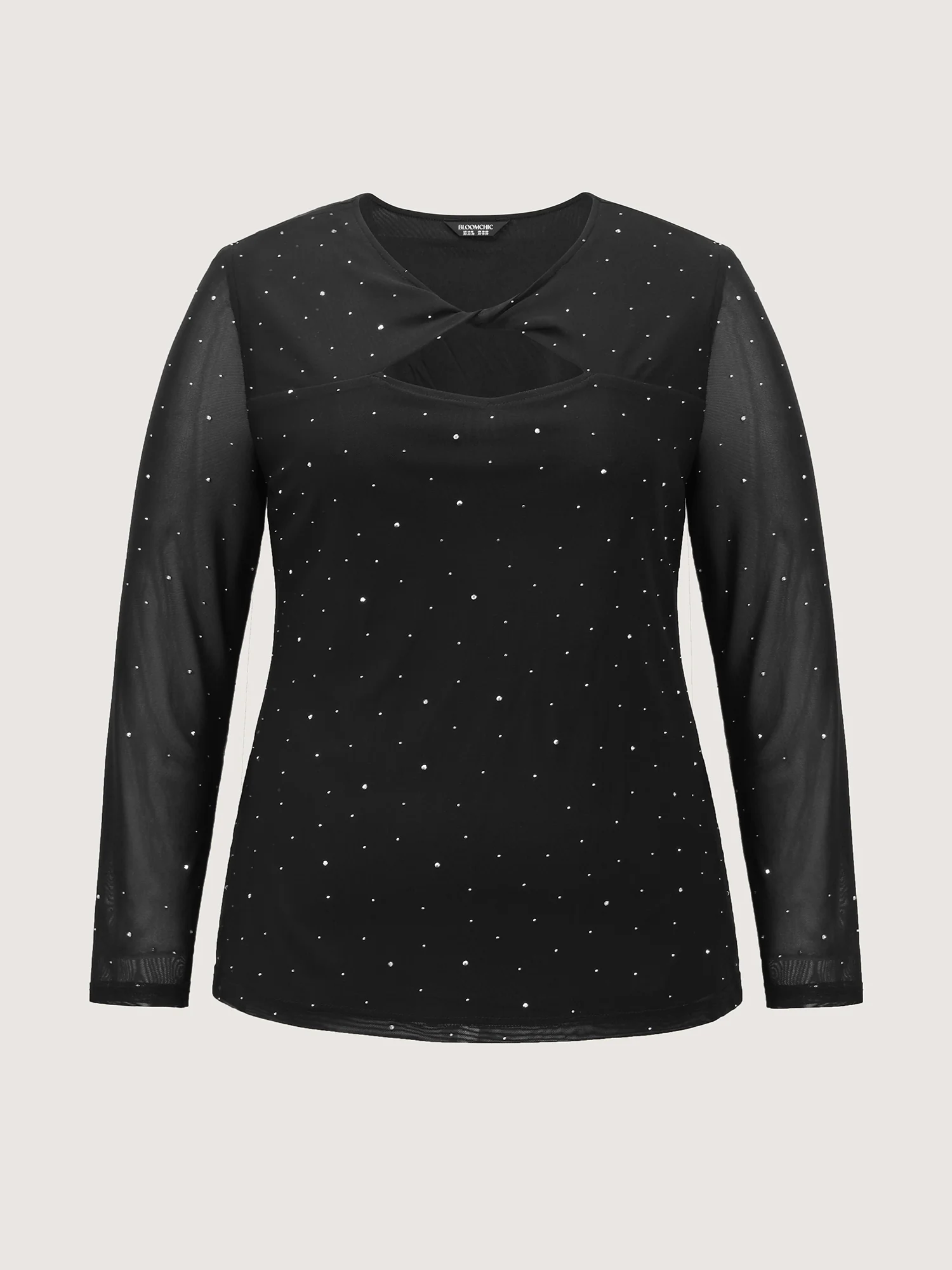 Rhinestone Cut Out Neck Mesh Sheer Blouse - Image 5