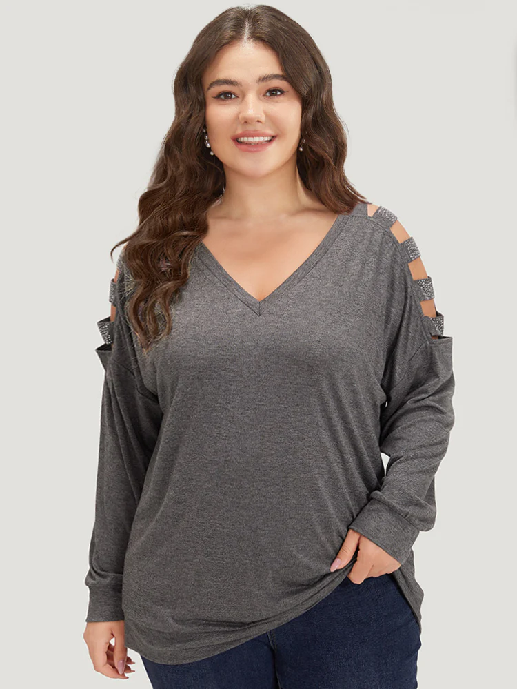 Rhinestone Detail Hollow Out V Neck Long Sleeve T-shirt - Image 2